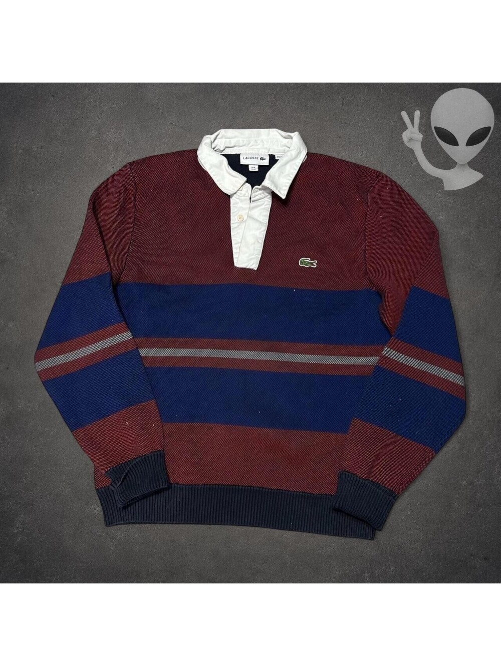 Lacoste Long Sleeve Rugby Shirt Womens Size M Burgundy Blue Striped Knit Polo